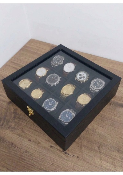 Deri Kaplamalı Ahşap Saat Kutusu 12 Bölmeli Cam Kapaklı Kol Saati Organizeri