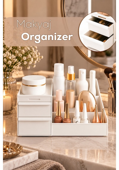 Porsima 5303 Çok Amaçlı Organizer 2 Çekmeceli Kozmetik Parfüm Krem Takı Makyaj Düzenleyici Beyaz