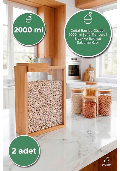 2000 Ml Bambu Kapaklı Erzak Kabı Bakliyat Saklama Kabı Mutfak Organizer Tekli Saklama Kutusu 2 Adet Kahverengi