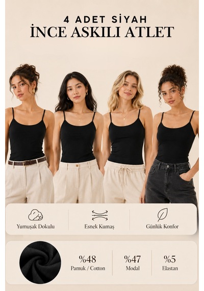 Loule Kadın 4'lü İnce Askılı Atlet Siyah Modal Pamuk