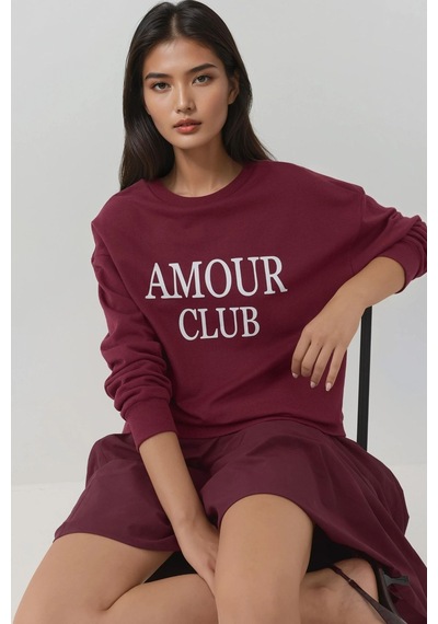 Hiccup Baskılı Yuvarlak Yaka Rahat Kesim Sweatshirt Tuğla Kırmızısı