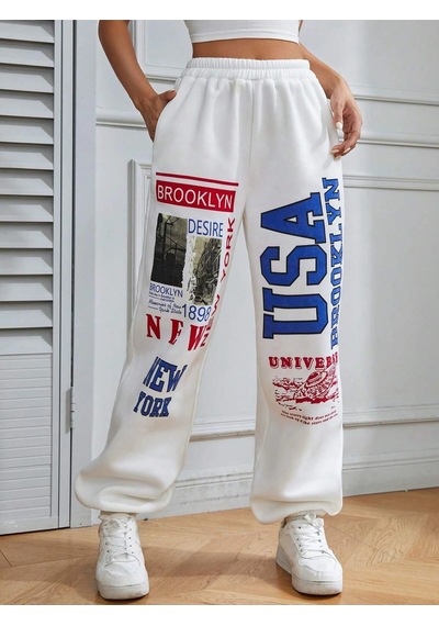 Coolane Letter Graphic Elastic Waist 4 Mevsim Eşofman Beyaz