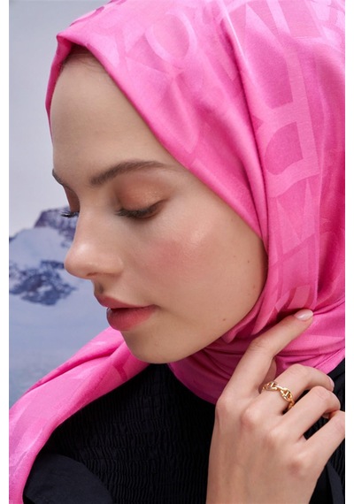 Carell Yazı Desen Jakar İtalyan İpekli Şal Koyu Pembe Çok Renkli