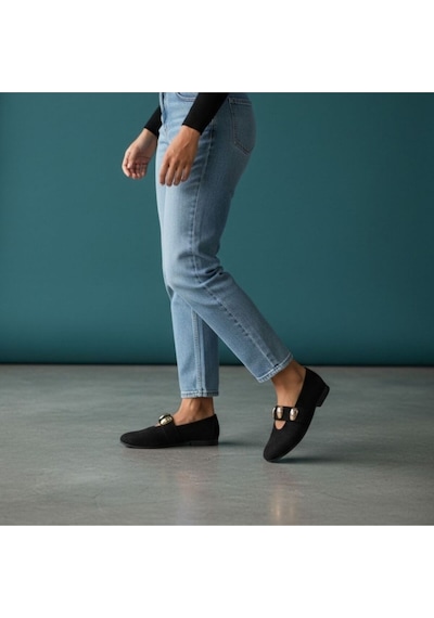 Ne&ve Shoes Siyah Süet Gold Aksesuar Detaylı Lastikli Kadın Şık Ve Rahat Babet