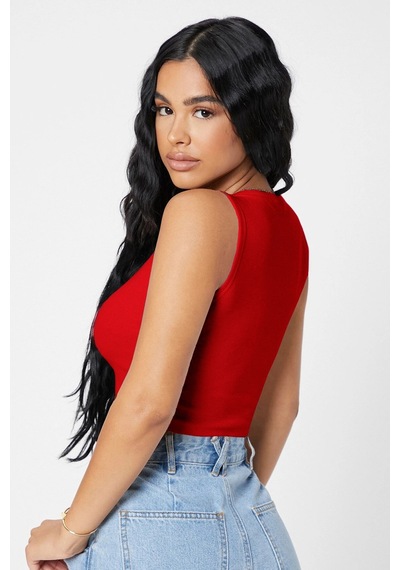 Angbutik Kadın Kırmızı Kare Yaka Crop Top Bluz