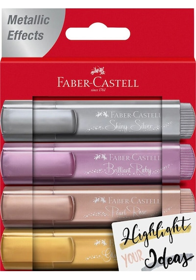 Faber-Castell Metalik 4'lü Kırmızı Karton Kutu Fosforlu Kalem Seti, Şık ve Parlak Renkler