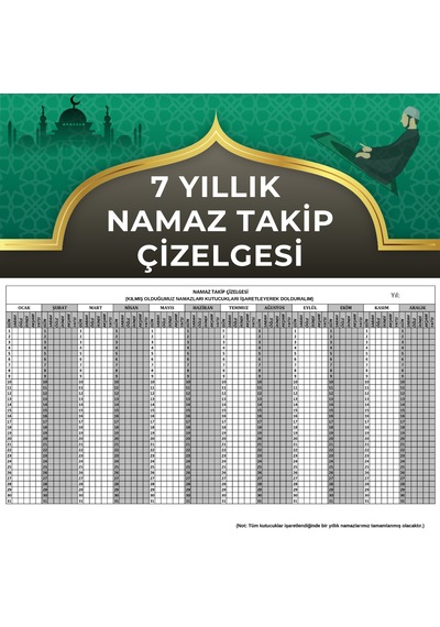 7 Yıllık Namaz Takip Çizelgesi A4 Boyutundadır Beyaz - Siyah