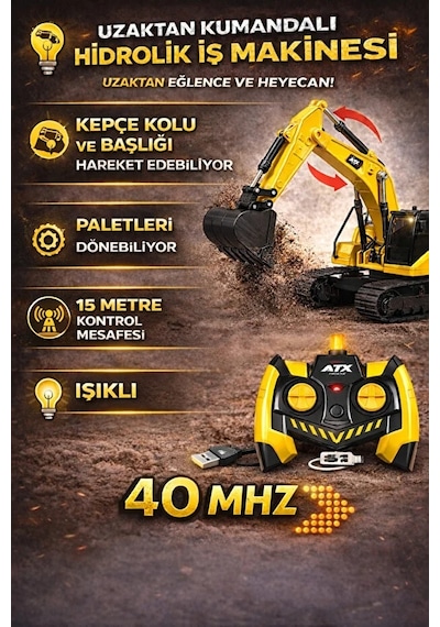 Uzaktan Kumandalı Işıklı Şarjlı 40 Mhz 15 M Kontrol Metal Uçlu Çok Fonksiyonlu Oyuncak Ekskavatör Karışık