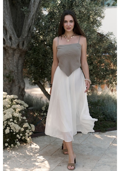 Mai Collection Mai Studios Co. Kita Üçgen Detay Çizgili Haki Keten Crop Haki
