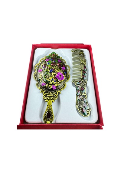 Tavus Kuşu Desenli Vintage Ayna Tarak Seti Özel Tasarım Ve Özel Kutulu 13,5 Cm & 13 Cm Çok Renkli