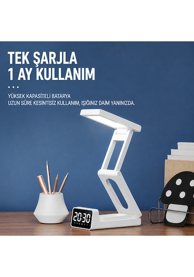 Katlanabilir Led Masa Lambası 3 Renk Işıklı, Dijital Saatli, 10000 Mah Şarjlı Bataryalı, Taşınabilir Beyaz Çalışma Lambası Renkli