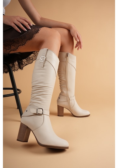 Analin Shoes Kadın Hakiki Deri Körüklü Toka Detaylı Topuklu Çizme Krem