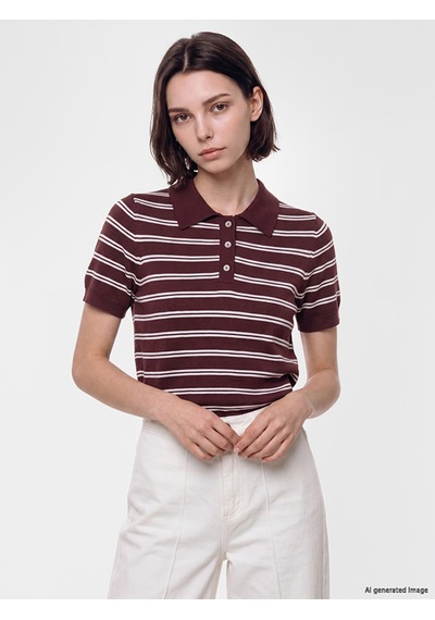 Lcw Modest Bordo Polo Yaka Çizgili Kadın Triko Kazak