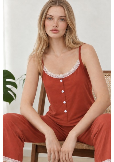 Kadın Dantelli V Yaka Kırmızı Pijama Takımı 4744