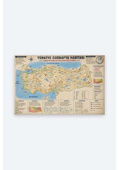 Tam Renk Türkiye Coğrafya Haritası Akarsular, Dağlar, Göller, Volkanl Dekoratif Kanvas Duvar Tablosu Çok Renkli