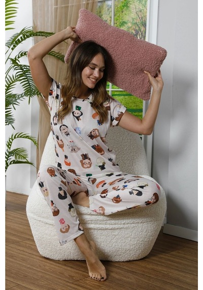 Mh Moony Homewears Magic World Kısa Kol Pamuklu Pijama Takımı Krem