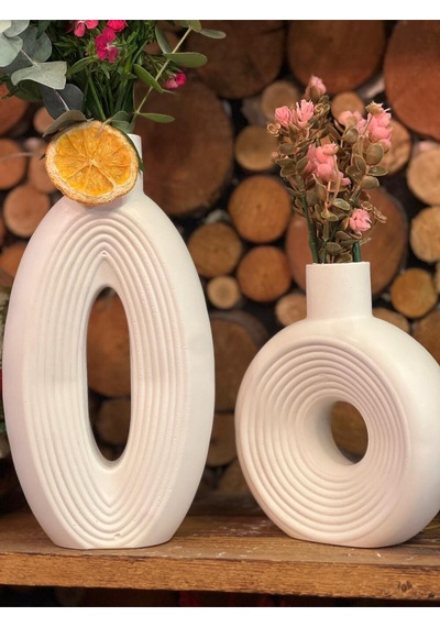 İkili Geometrik Şekilli Vazo , Dekoratif Obje Çiçekler Dahil Değildir