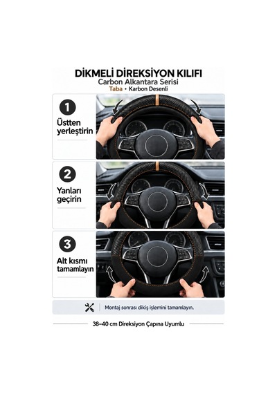 Trobus Audi Q3 2019-2025 Uyumlu Dikmeli Direksiyon Kılıfı Carbon Alkantara Karbon Desenli Taba