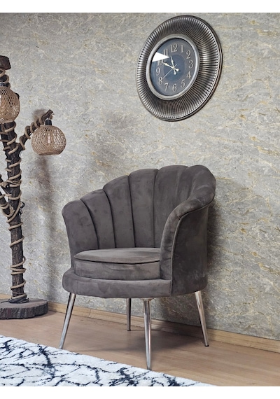 Zafir Tekli İstiridye Krom Kaplama Sivriltme Ayak Çay Seti Koltuk Tekli Berjer , Balkon, Salon, Ofis Kahverengi