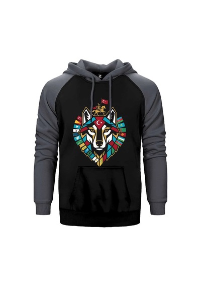 Totem Tarzı Kırmızı Renk Bozkurt Amblemi Baskılı Çift Renk Reglan Kol Sweatshirt / Hoodie