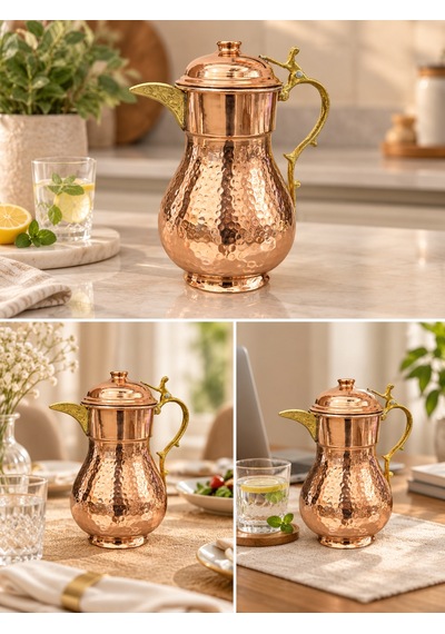 Aura Copper Kapaklı İçi Kalaylı 1 Mm Dövme Bakır Sürahi