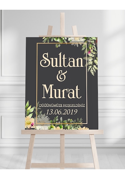 Söz Nişan Düğün İçin 50x70 Karşılama Panosu - Psiyah Ve Gül Çiçek Temalı Beyaz