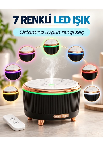 500 Ml Aroma Difüzör Hava Nemlendirici Esansiyel Yağ Uyumlu Ultrasonik Buhar Makinesi 7 Renk Led Işıklı Zamanlayıcılı Sessiz Mermer Görünümlü