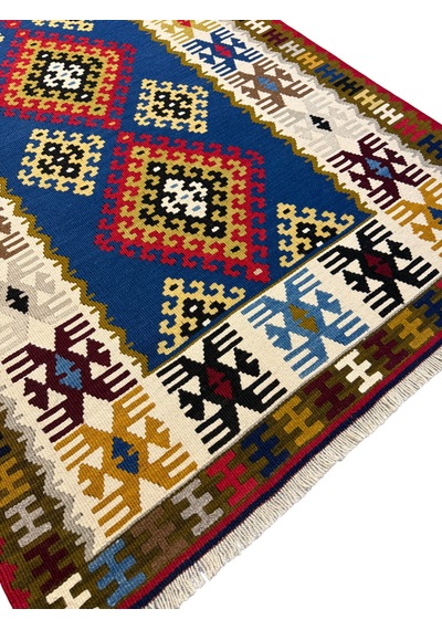 El Dokuma Sıfır Yahyalı Kilimi 110x200 Kök Boya Mavi Kahve %100 Yün Kilim Renkli