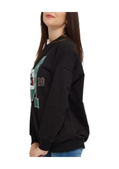 Siyah Mıckey Mouse Baskılı Cepli Bisikletyaka Oversize Sweatshirt