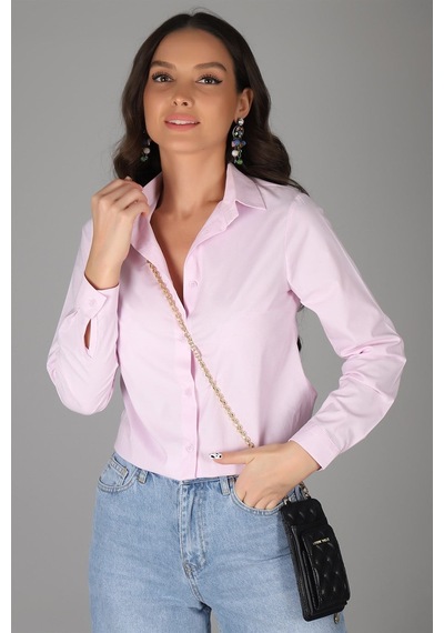 Sweetness Kadın Pembe Likralı Uzun Kol Pamuklu Klasik Gömlek Pembe