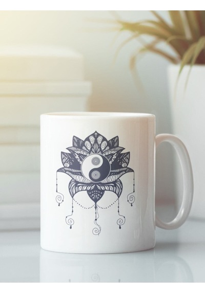 Beyaz Kupa Bardak Ying Yang Lotus Çiçeği Meditasyon Yoga