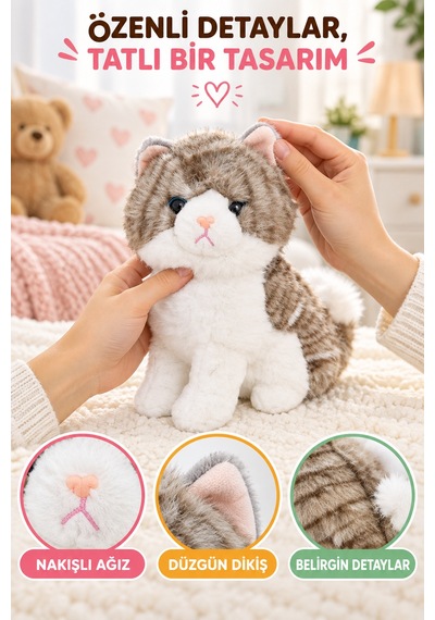 23 Cm Gri Peluş Kedi Oyuncak Yumuşak Sevimli Kedi Figürlü Çocuk Oyuncağı Doğum Günü Hediyesi Seti Çok Renkli