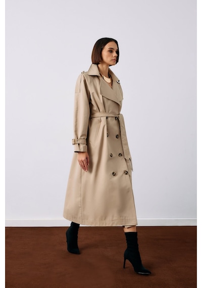 Sateen Kuşaklı Uzun Trenç - Bej-135231 Bej