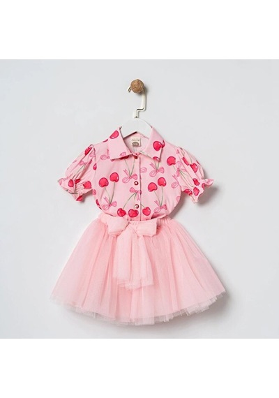 Ministok Cherry Blüz Tütü Etekli İkili Kız Çocuk Takım Pembe