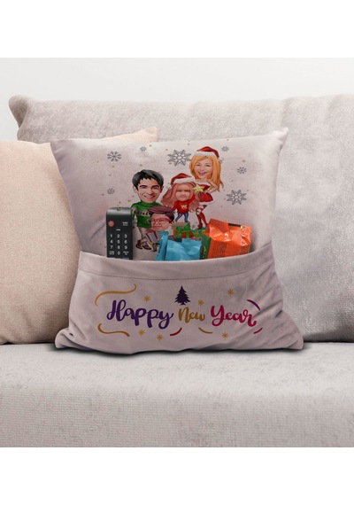 Bk Gift Kişiye Özel Yılbaşı Karikatür Tasarımlı Organizer Kumanda Ve Atıştırmalık Cepli Pembe Kırlent Yastık- 5, Yılbaşı Hediyesi, Yeni Yıl Hediyeleri Sarı