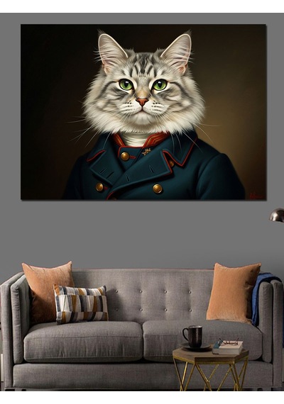 Askeri Üniformalı Aristokrat Kedi Portresi Dekoratif Kanvas - Mdf Ahşap Tablo