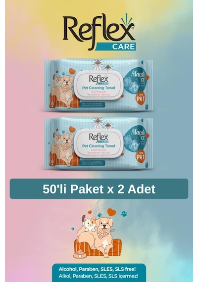 Reflex Care Evcil Hayvanlar İçin Çok Amaçlı Hijyenik Temizleme Mendili 50'li X 2 Adet - Alaçatı Ice Kokulu