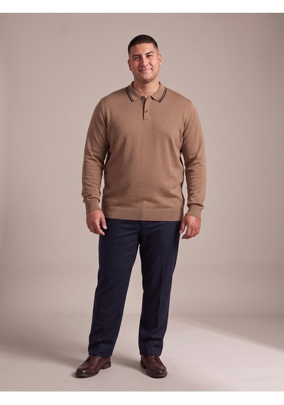 Maccali Erkek Camel Büyük Beden Gizli Fermuarlı Polo Yaka Triko Sweatshirt