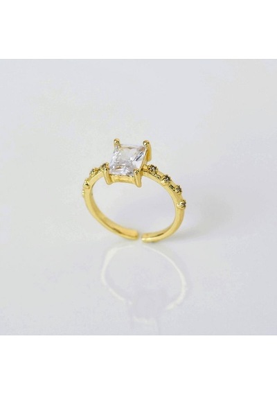 Dörtgen Baget Taş Yüzük Ayarlanabilir Zirkon Gold Renkli