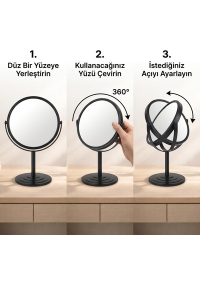 Ayaklı Çift Taraflı Makyaj Aynası, Normal Ve Büyüteçli Yüzey, 360 Döner Masa Üstü Bakım Ve Tıraş Aynası, Metal Gövde, 19 Cm, Siyah