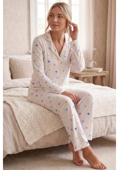 Renkli Kalp Desenli Uzun Kollu Pijama Takımı 4603 -kar Beyaz