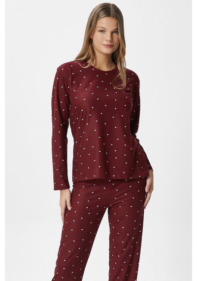 Ritnice Kadın Ely Premium Bisiklet Yaka Bordo Kalp Süet Doku Yılbaşı Pijama Takımı Bordo