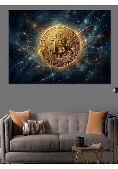 Galaksi İçinde Altın Bitcoin Logosu Dekoratif Kanvas - Mdf Ahşap Tablo