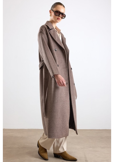 Olcay Oversize Düşük Kol Kruvaze Kaban Latte 3173 Krem