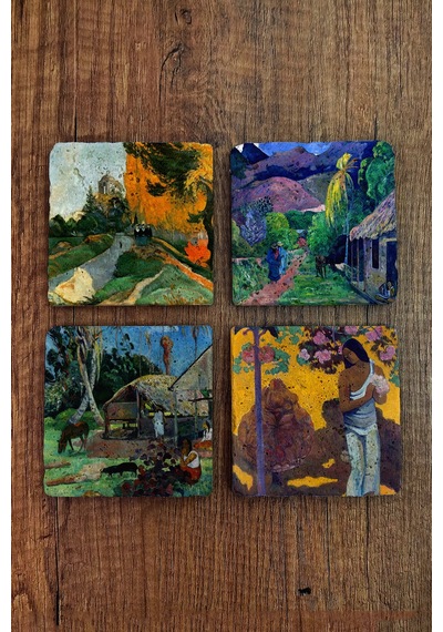Doğal Taş Bardak Altlığı - Paul Gaugin Eserleri Baskılı 10x10cm Stone Coasters Çok Renkli