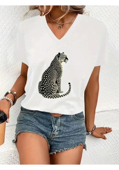 Tarzsokak Kadın V Yaka Beyaz Siyah T-shirt Baskılı Oversize Beyaz