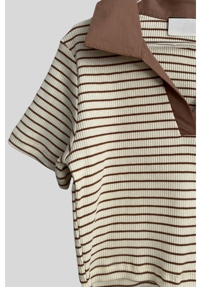 Turuncu Gardrop 8-14 Yaş Polo Yaka Çizgili Crop Cappuccino Sütlü Kahve
