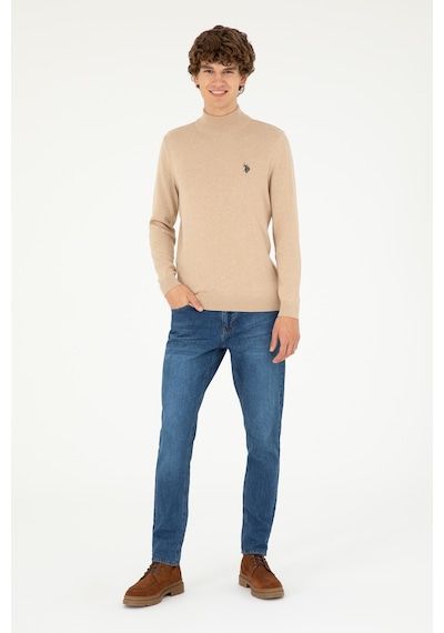 U.S. Polo Assn. Erkek Slim Fit Yarım Boğazlı Kum Melanj Basic Kazak 50293499-VR123
