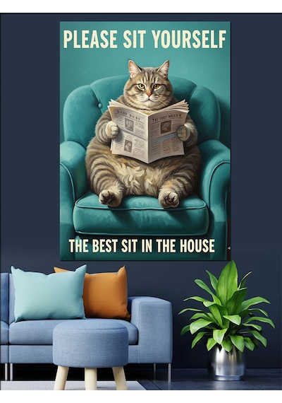 Ahşap Tablo Gazete Okuyan Sevimli Şişman Kedi