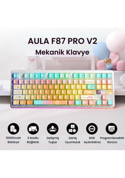 Aula F87 Pro V2 Mekanik Rgb Tkl Meteor Ice Cream Switch Kablosuz Makrolu Hot Swap Klavye Orange Juice